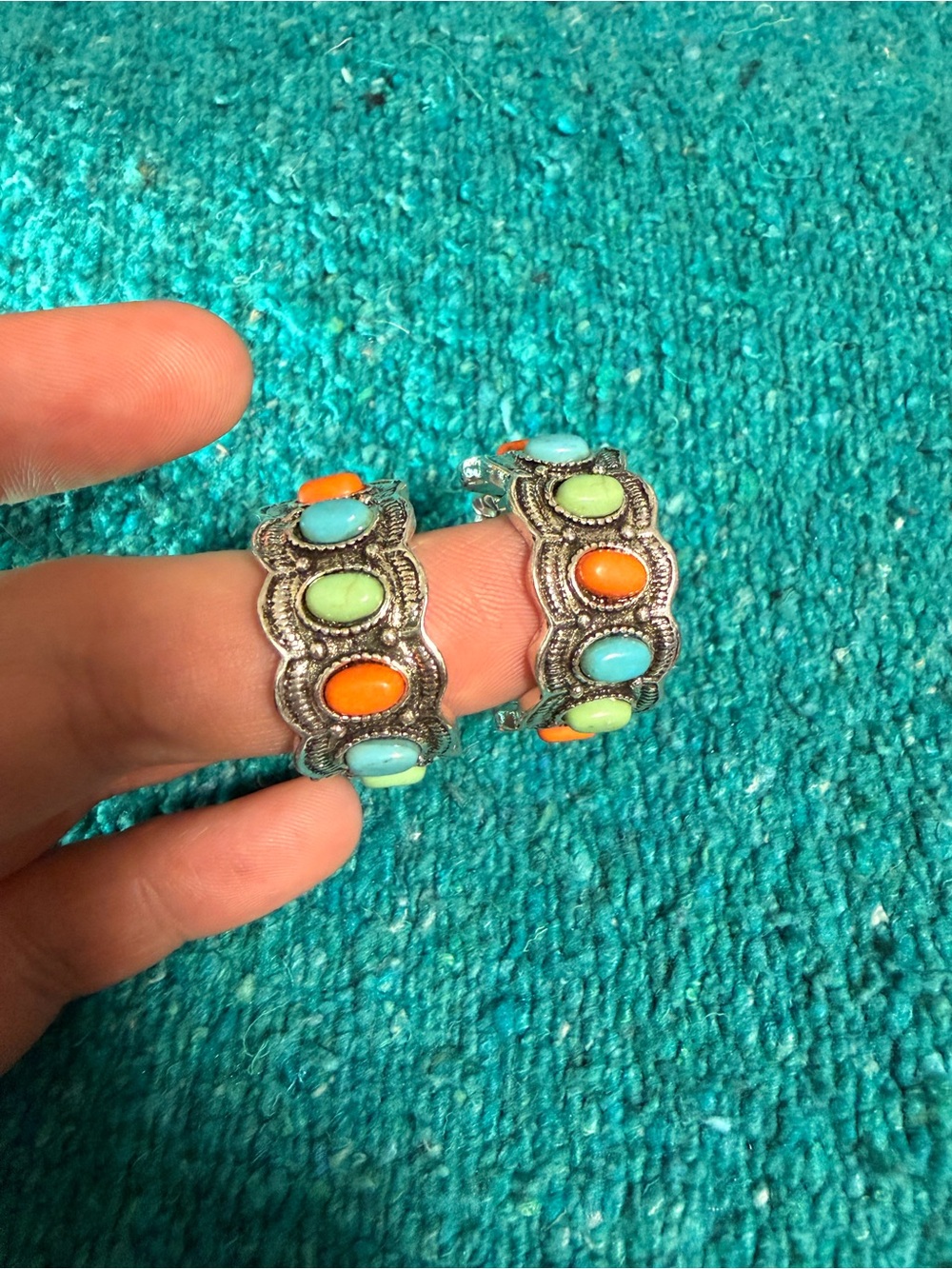 Colorful Multi-Stone Silver-Tone Hoop Earrings — Turquoise, Orange & Lime